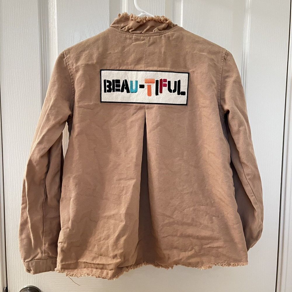 Zara Girls Khaki Ruffle Edge Beautiful Patch Mock Neck Jacket Cotton Size 13-14